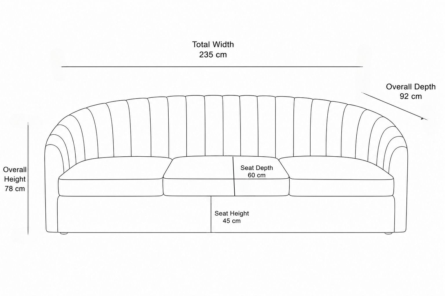 Modern Curved Fluted 3-Seater Sofa