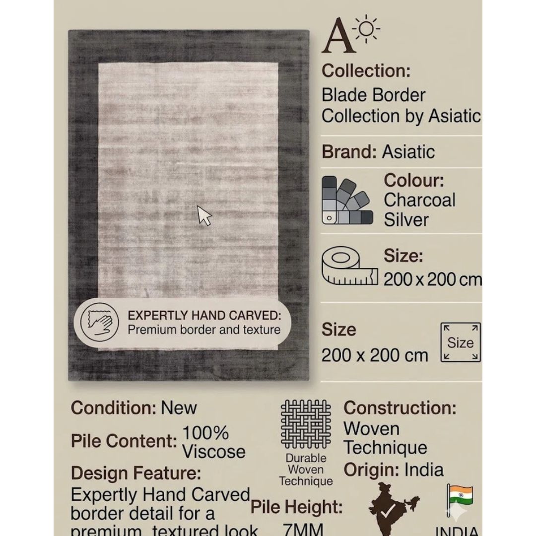 Silver Blade Border Contemporary Rug 200x200cm Livingroom Bedroom Asiatic RRP450