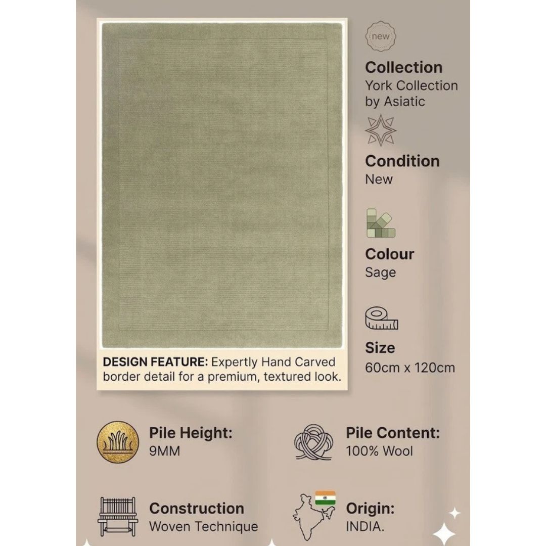 Sage York Rug Contemporary 60x120cm M&S Living Room Bedroom Asiatic RRP550