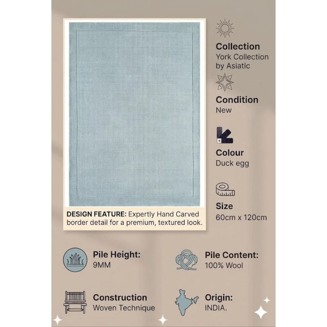 Duck Egg York Rug Contemporary 60x120cm M&S Living Room Bedroom Asiatic RRP550