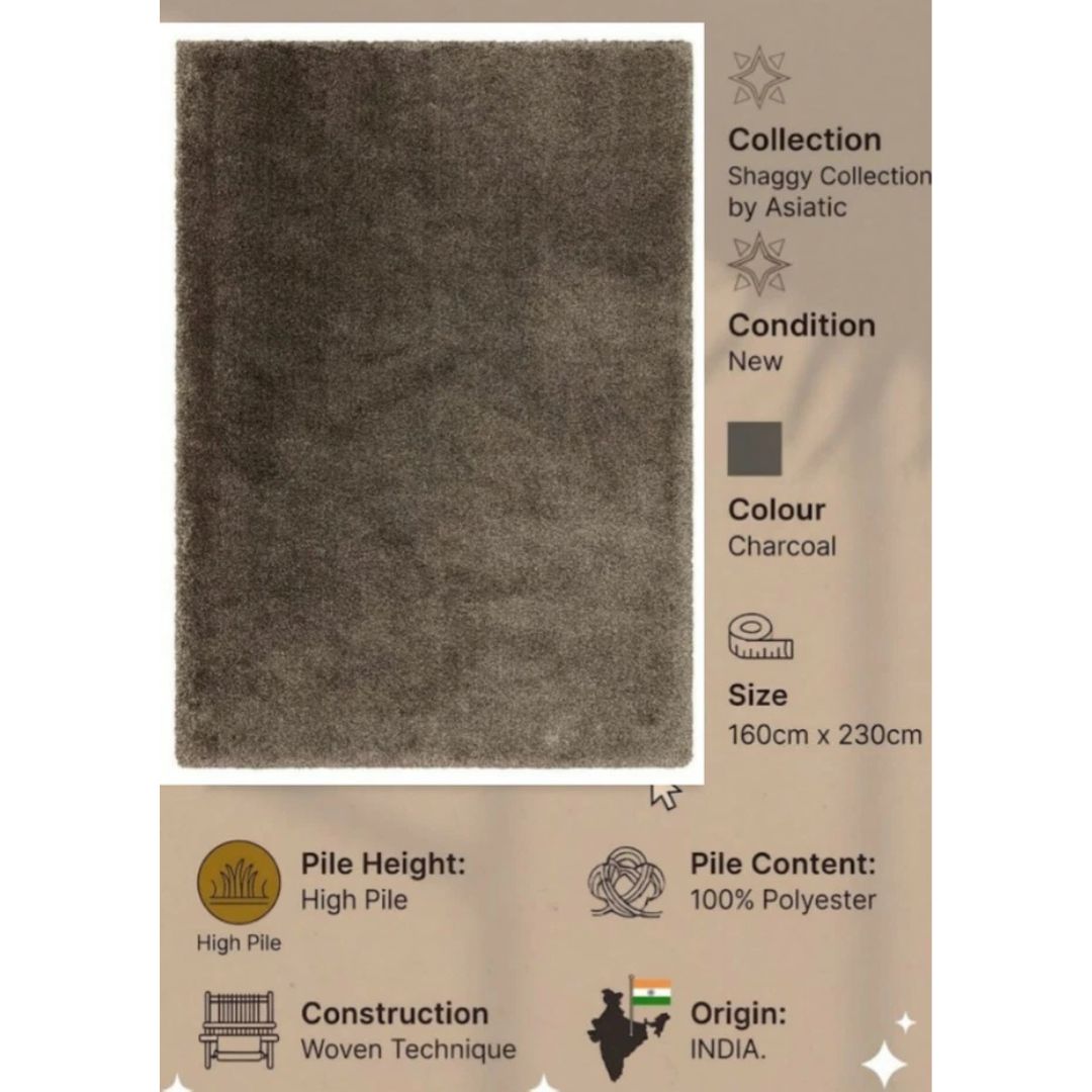 Shaggy Thick Charcoal Rug 160x230cm, Chic Living Room Bedroom By Asiatic RRP 400