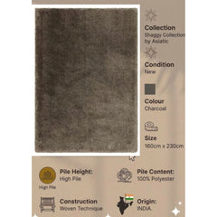 Shaggy Thick Charcoal Rug 160x230cm, Chic Living Room Bedroom By Asiatic RRP 400