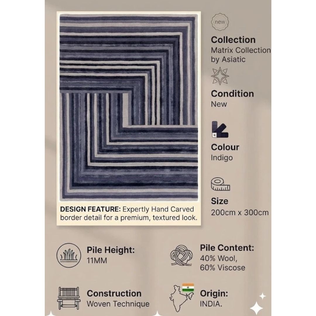 Matrix Network Indigo Wool Rug Bedroom & Livingroom 200x300cm, Asiatic RRP440