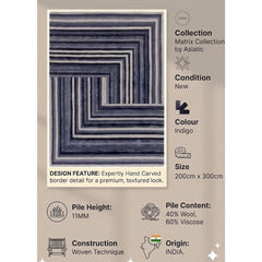 Matrix Network Indigo Wool Rug Bedroom & Livingroom 200x300cm, Asiatic RRP440