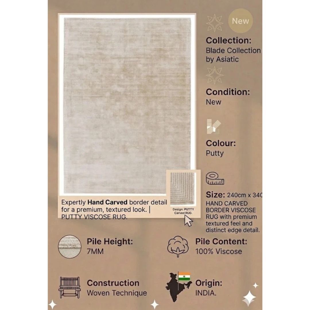 Blade Putty Rug 240x340cm, Modern Chic Living Room & Bedroom by Asiatic RRP 450