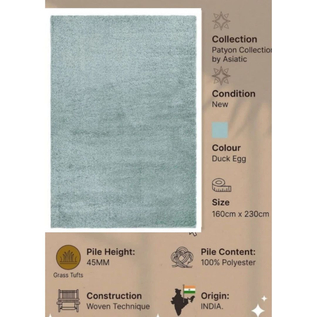 Duck Egg Payton Rug 160x230cm, Chic Living Room Bedroom By Asiatic RRP 400