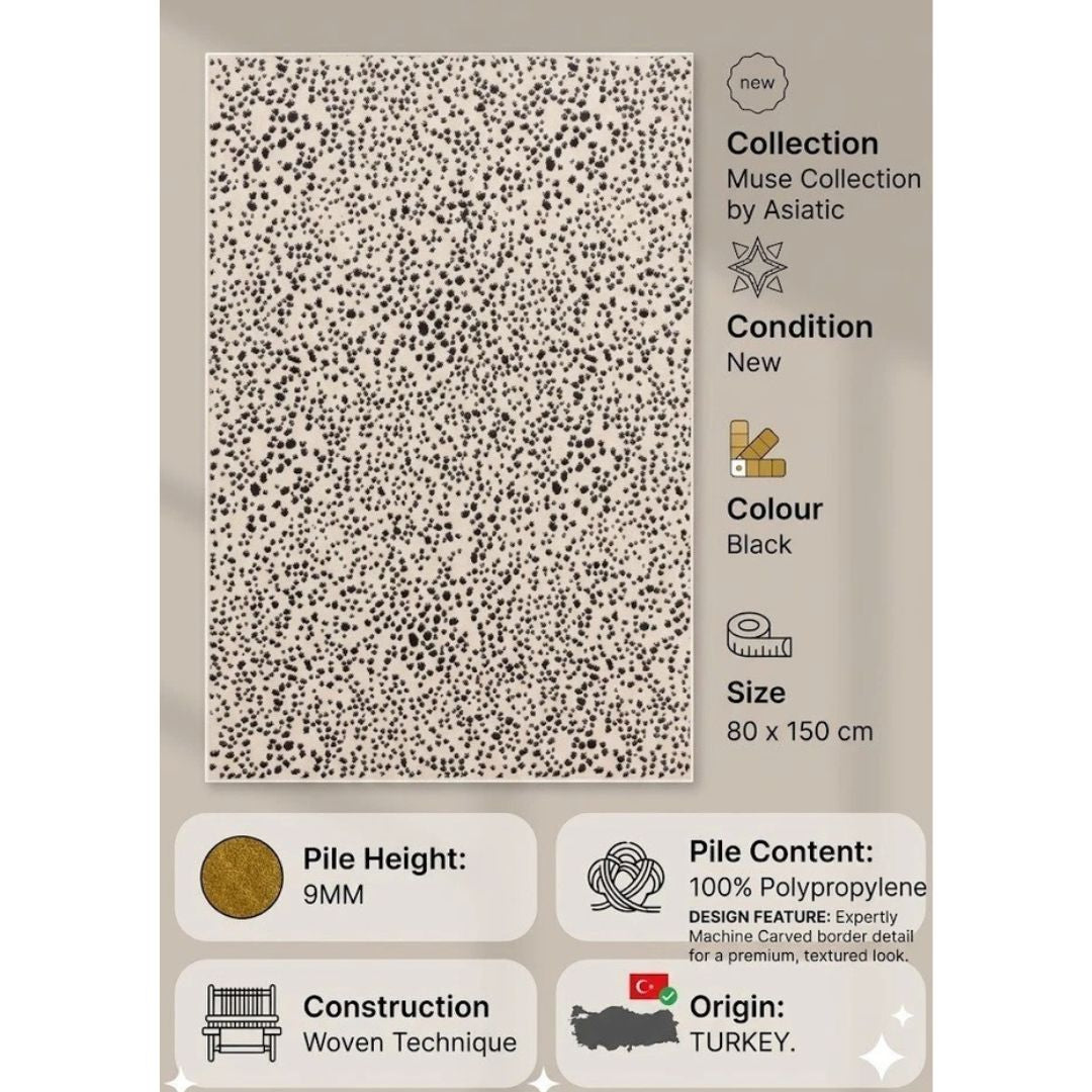 Black Muse Spotty Contemporary Rug 80x150cm Premium Living Room Asiatic RRP290