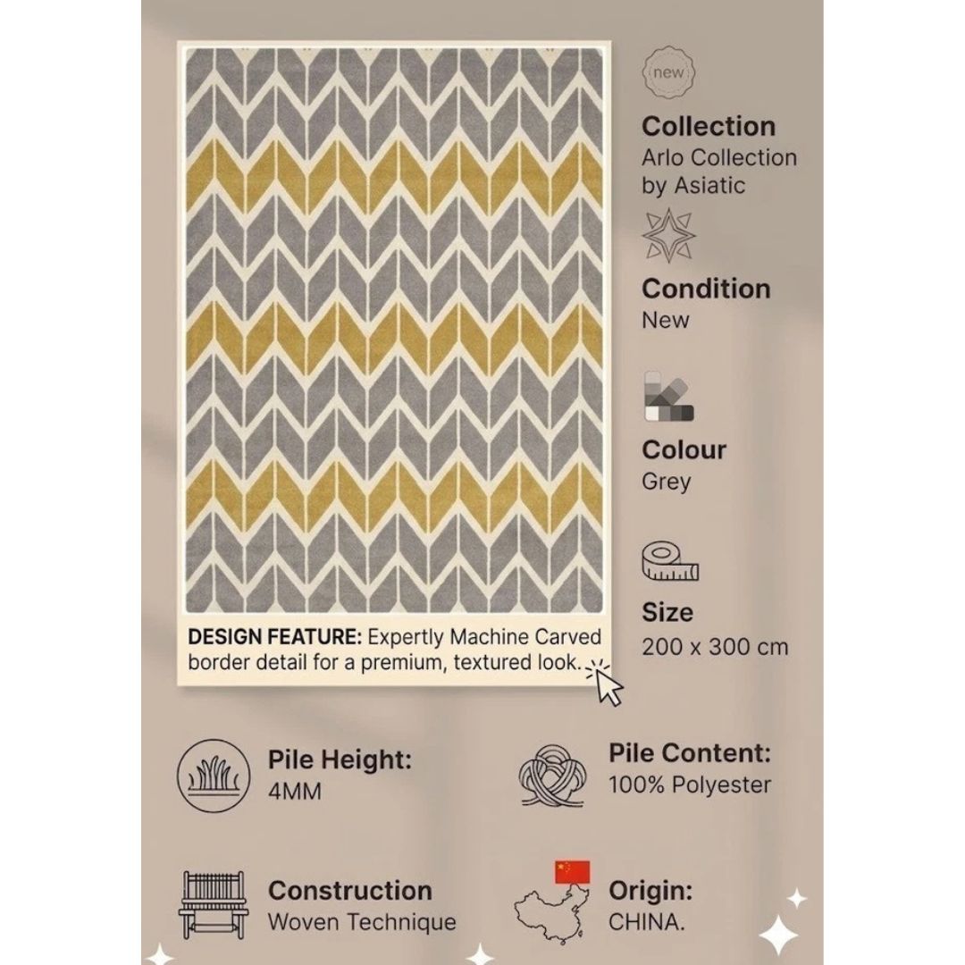 Grey Arlo AR06 Contemporary Rug 200x300cm Premium Living Room Asiatic RR450