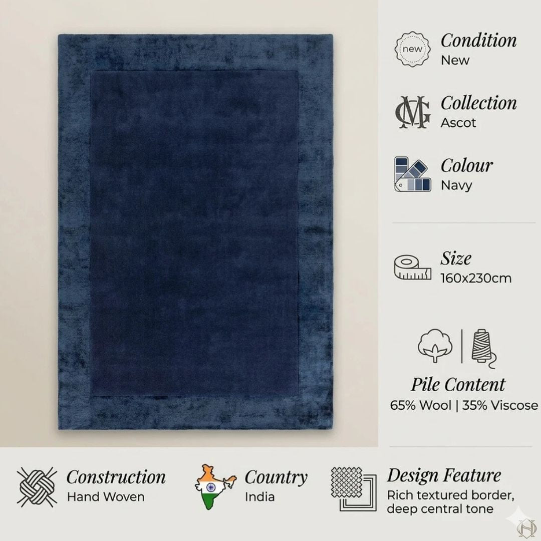 Navy Ascot Wool Rug Contemporary 160x230cm Livingroom Bedroom By Asiatic RRP800