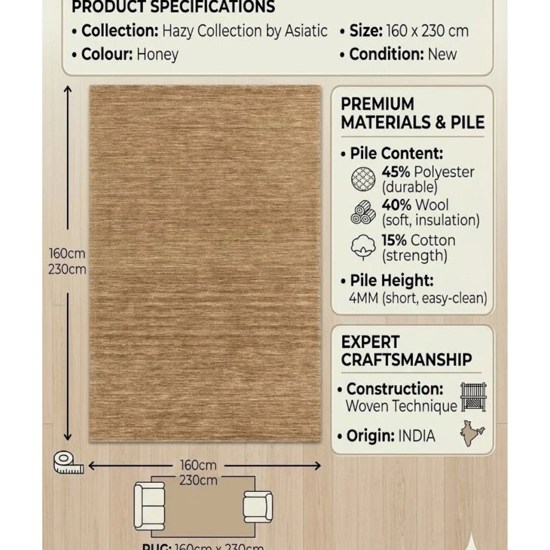 Honey Hazy Wool Rug Contemporary 160x230cm Livingroom Bedroom Asiatic RRP800