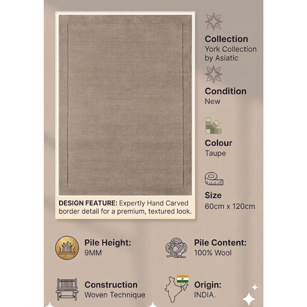 York Taupe Wool Rug Contemporary 60x120cm M&S Living Room Bedroom Asiatic RRP550
