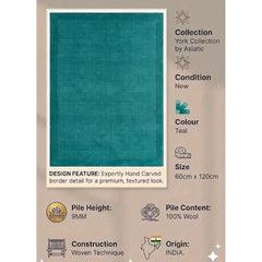York Teal Wool Rug Contemporary 60x120cm M&S Living Room Bedroom Asiatic RRP550