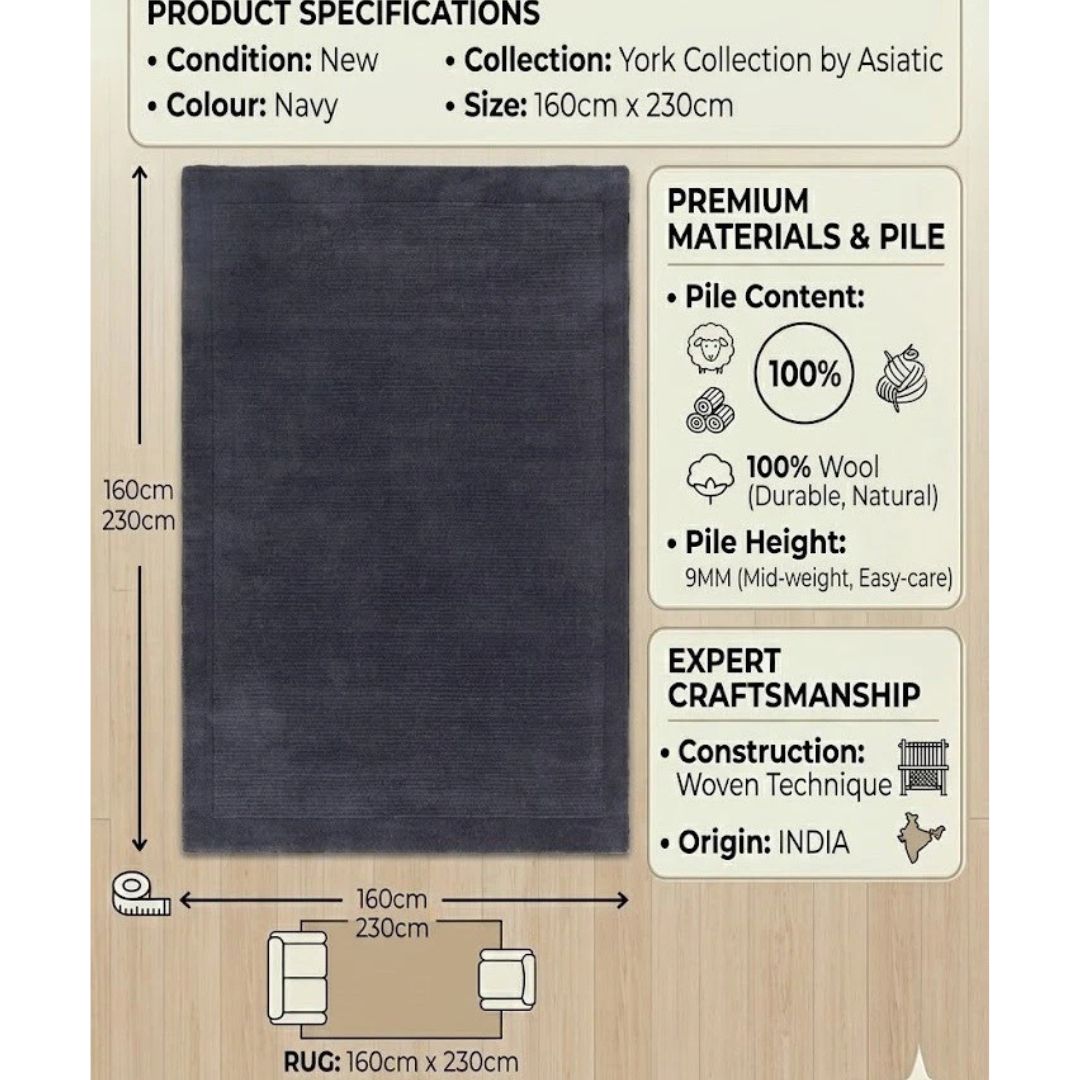 York Navy Wool Rug Contemporary 160x230cm M&S Living Room Bedroom Asiatic RRP550