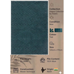 Teal Hague Premium Wool Rug  120x170cm,Living Room Bedroom By Asiatic RRP450