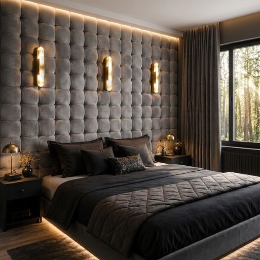 Grand Royal Button-Tufted Grid Wall Panels & Upholstered Feature Headboard
