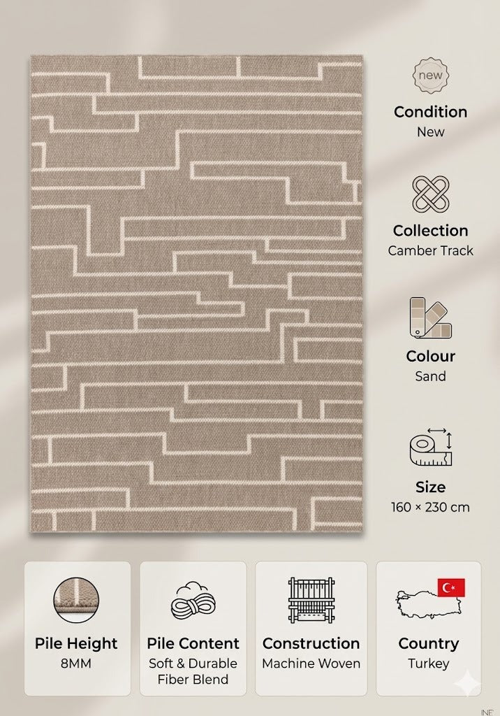 Sand Camber Track Contemporary Rug 160x230cm, Livingroom Bedroom Asiatic RRP310