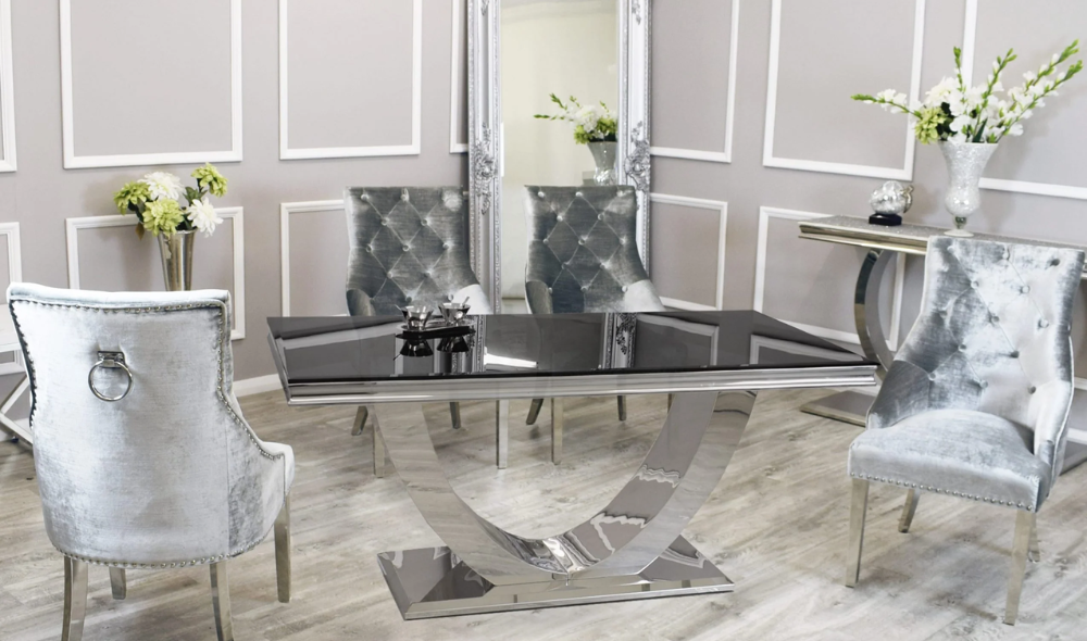 Arial Marble Dining Table With Megan Chairs, Black Top