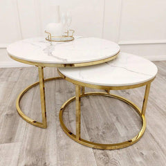 Lara White Marble Nest of Tables with Chrome Gold Legs
