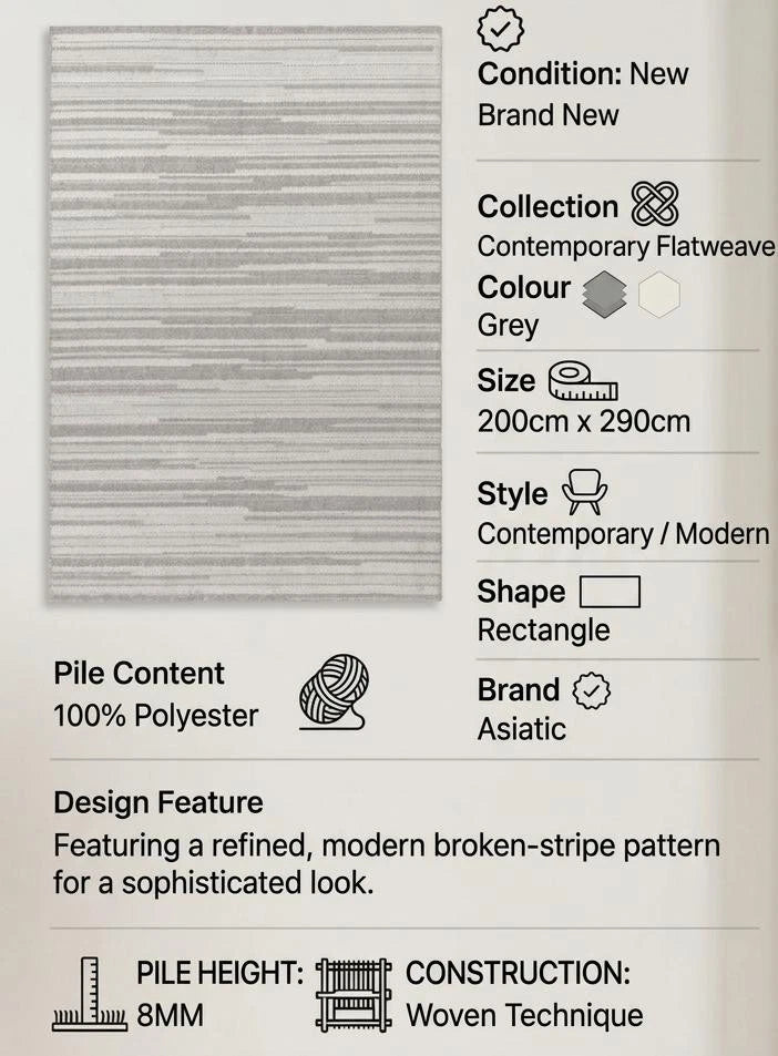 Grey Camber Stripe Rug 200x290cm Contemporary Large Living Room Asiatic RRP800