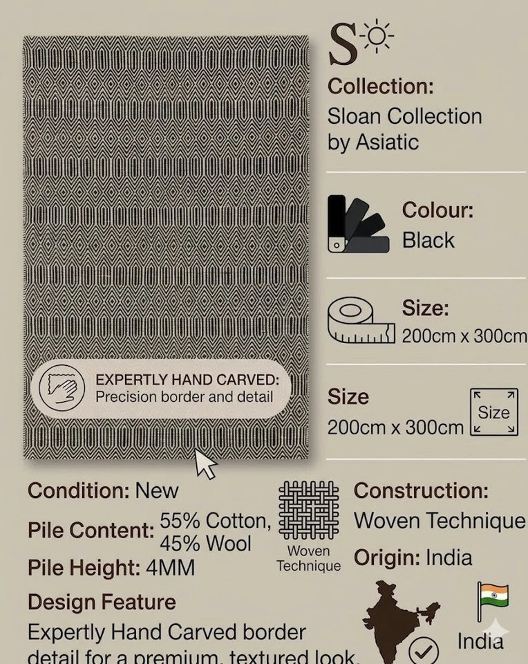 Black Sloan Rug 66x200cm M&S, Morden Living Room & Bedroom By Asiatic RRP550
