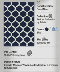 Blue Antibes AN02 Contemporary Rug 200x290cm, Living Room Bedroom Classis RRP570