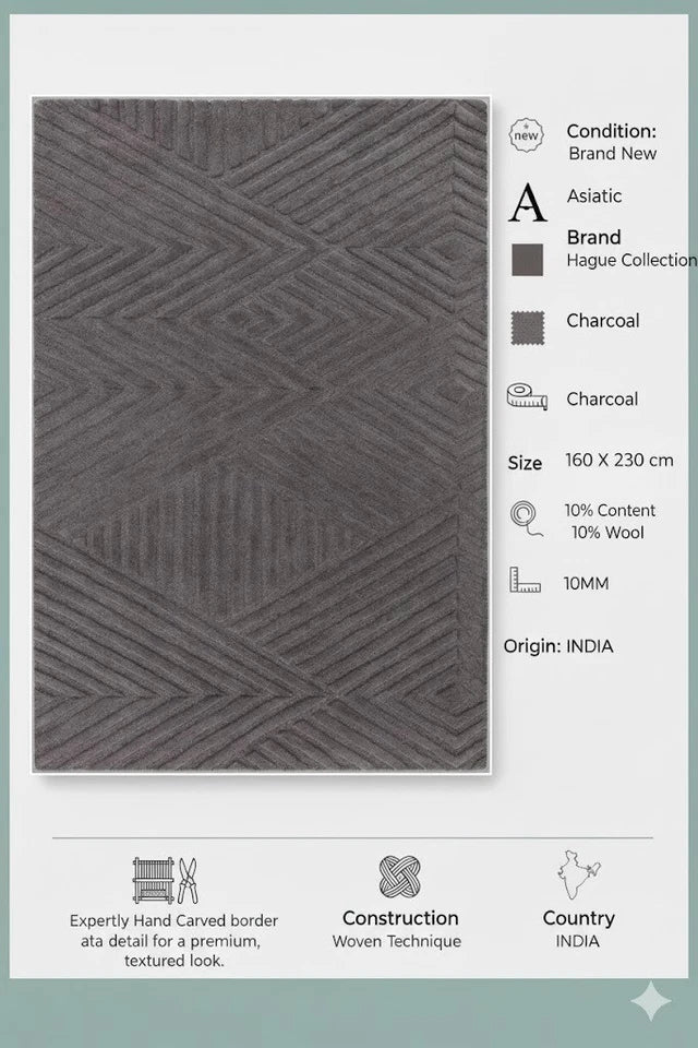 Charcoal Hague Wool Rug Contemporary 160x230cm Livingroom Bedroom Asiatic RRP800