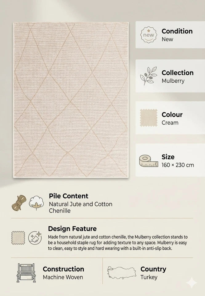 Cream Mulberry contemporary Rug 160x230cm M&S Living Room Bedroom Asiatic RRP450