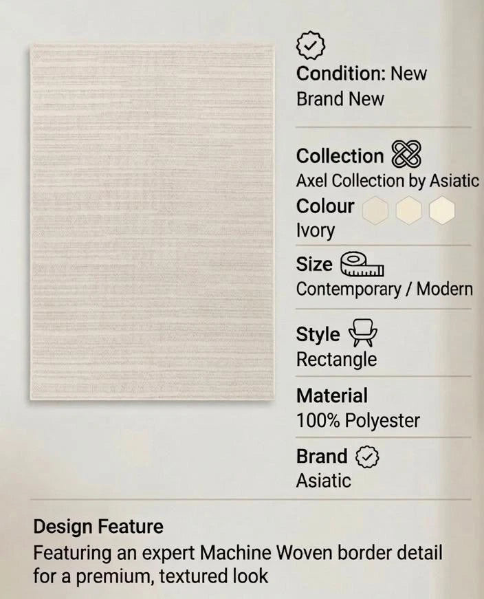 Ivory Camber Stripe Rug 200x290cm Contemporary Large Living Room Asiatic RRP800