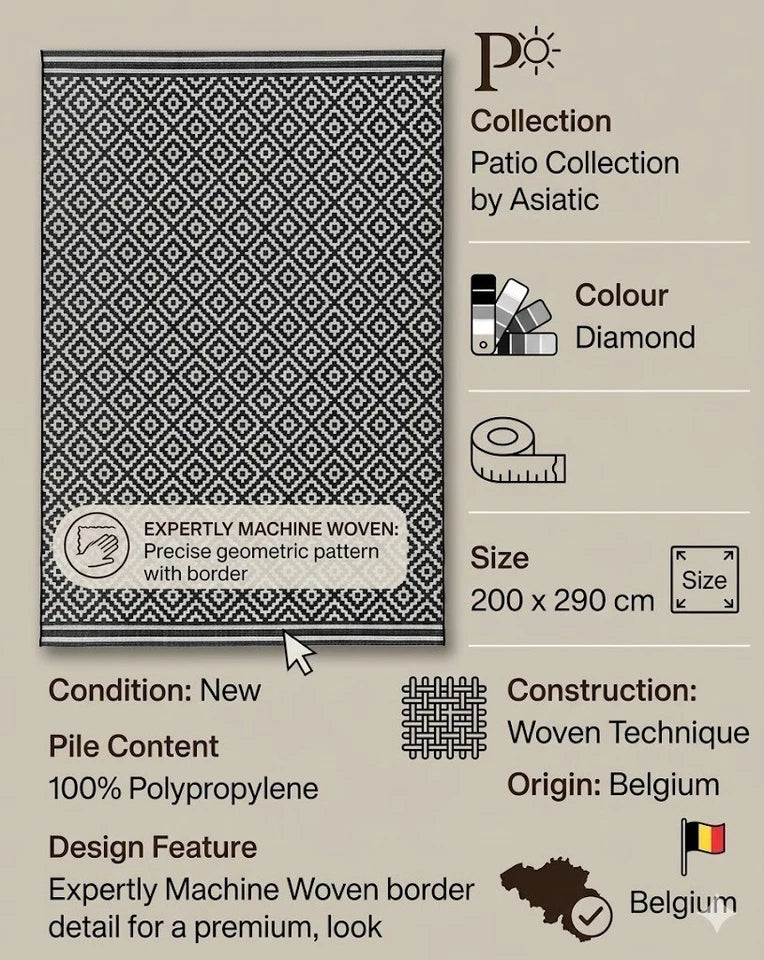 Diamond Patio PAT12 Contemporary Rug 200x290cm Livingroom Bedroom Asiatic RRP570